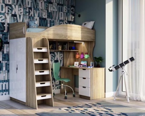 Детская Кровать-Чердак Сэнди Дуб Сонома/Белый Глянец (Д-1235 х В-1820 х Г-2038 мм)