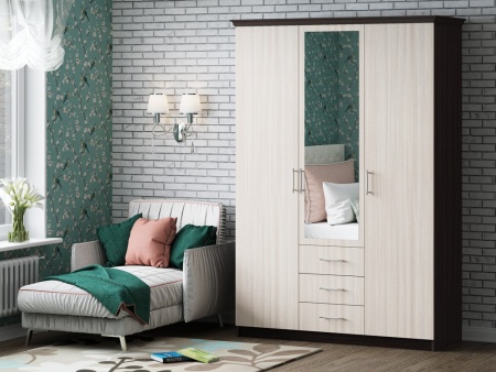 Шкаф 3-х Створчатый с 3-мя Ящиками Венге/Ясень Шимо Светлый (Ш-1500 х В-2170 х Г-500 мм)